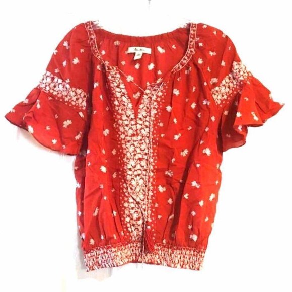 🛒 $8 - Red Short Ruffle Sleeve Front Tie Boho Top Size Small NWOT - Picture 2 of 5